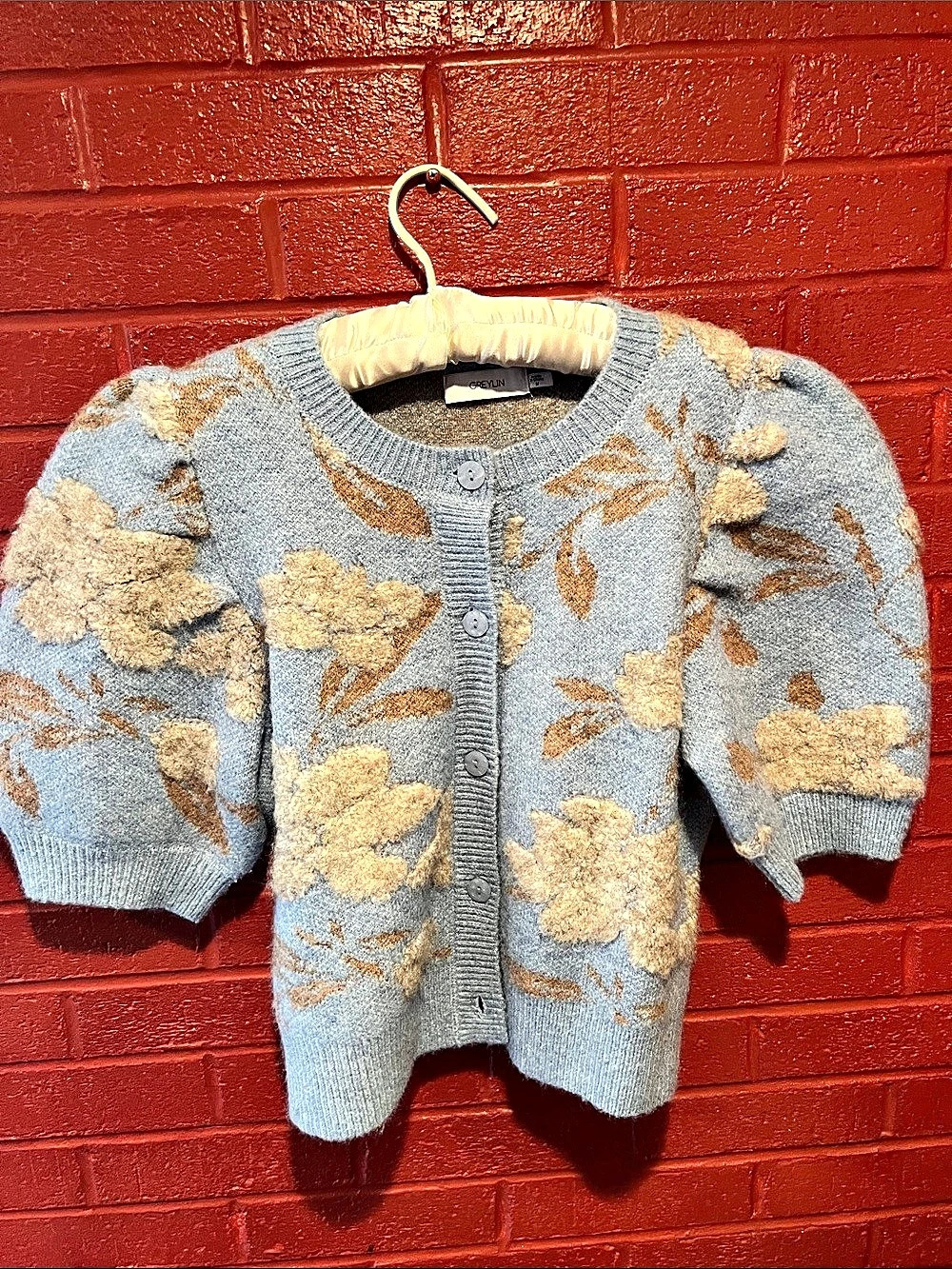 GREYLIN Floral Cardigan in Blue & Tan Size Medium